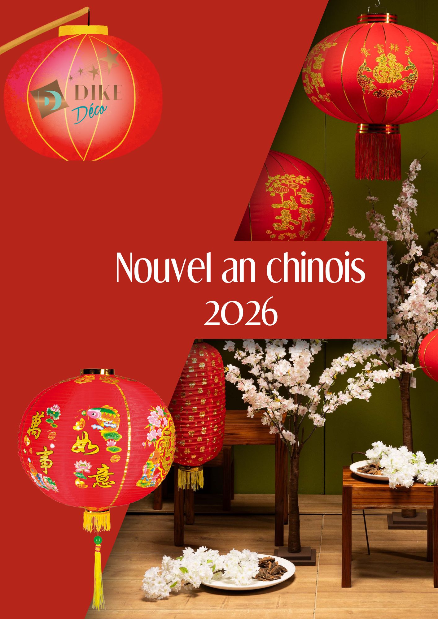 Décoration nouvel an chinois Dike déco - Lampions, dragons, cerisiers, guirlandes, ombrelles, bannière tissus, cache palettes, éventails, rosaces papier alvéolé, suspensions